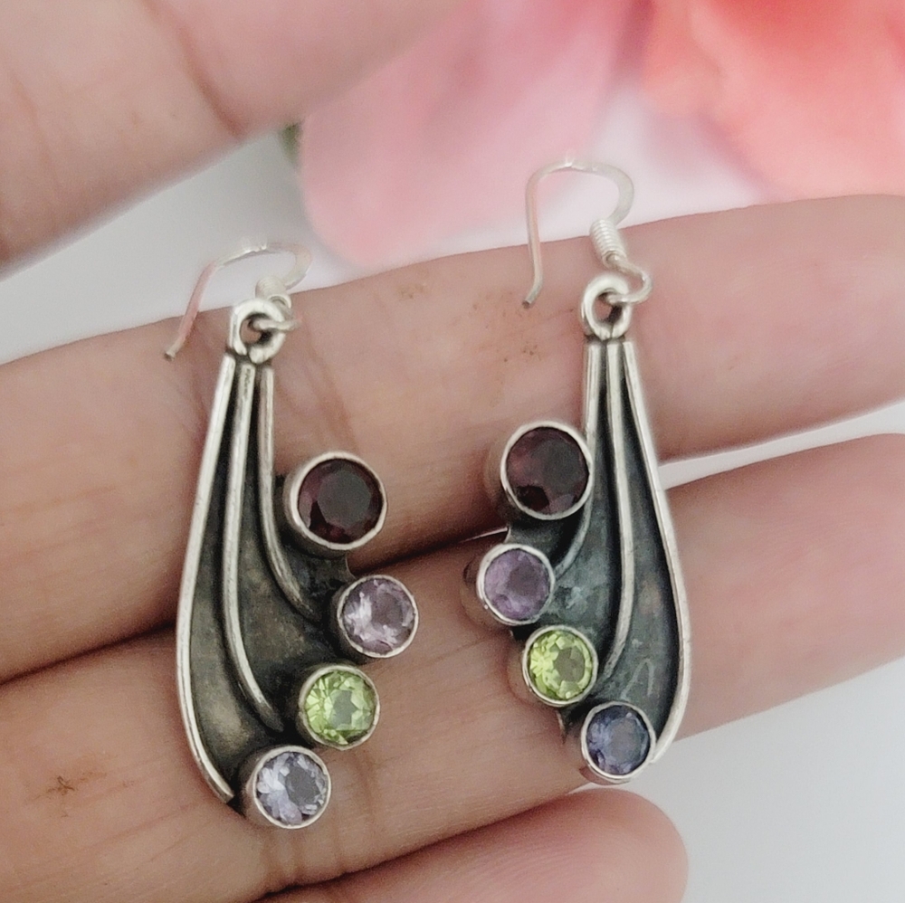 Vintage Sterling Silver Garnet Peridot Amethyst Dangle Earrings